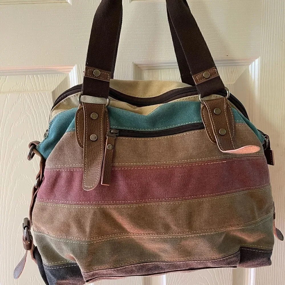 MANJIANGHONG  canvas Autumn color shoulder bag embellished with leather …